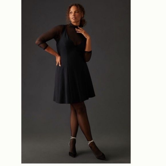 NWT Anthropologie Layered Sheer Mini Dress M Black Long Sleeve Fit & Flare - Picture 3 of 12